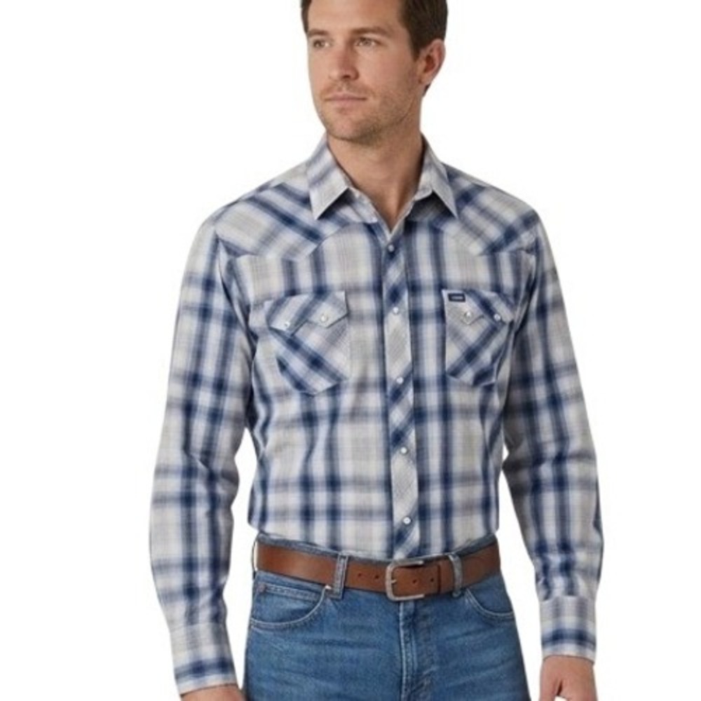Wrangler Western Snap Shirt Mens XL Blue Grey Plaid Pearl Snap Long Sleeve‎ Yoke